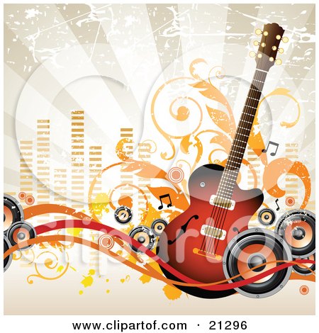 Clipart Illustration of an Acoustic Guitar With Music Notes And Radio Speakers Over A Grunge Background by OnFocusMedia