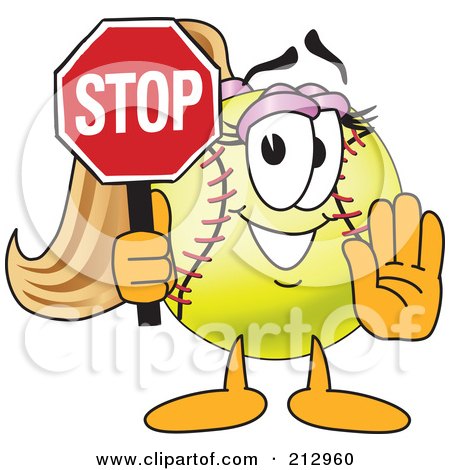 Royalty-Free (RF) Clipart Illustration of a Girly Softball Mascot Character Holding A Stop Sign by Mascot Junction