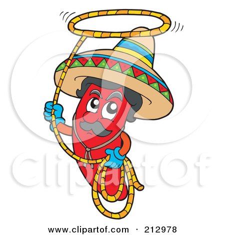 Royalty-Free (RF) Clipart Illustration of a Red Mexican Chili Pepper Swinging A Lasso by visekart