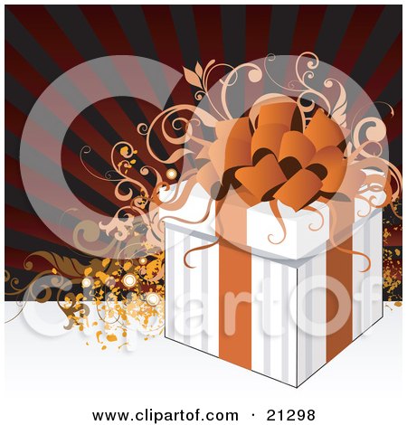 Clipart Illustration of a White Gift Box Tied With An Orange Ribbon And Bow, Over A Scroll And Striped Background by OnFocusMedia