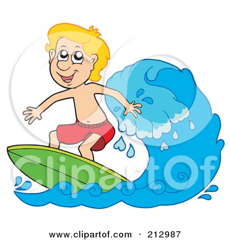 Royalty-Free (RF) Clipart Illustration of a Happy Blond Boy Surfing A Wave by visekart