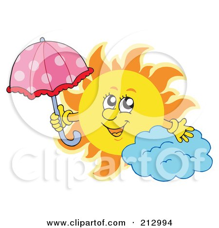 Royalty-Free (RF) Clipart Illustration of a Summer Time Sun With An Umbrella By A Cloud by visekart