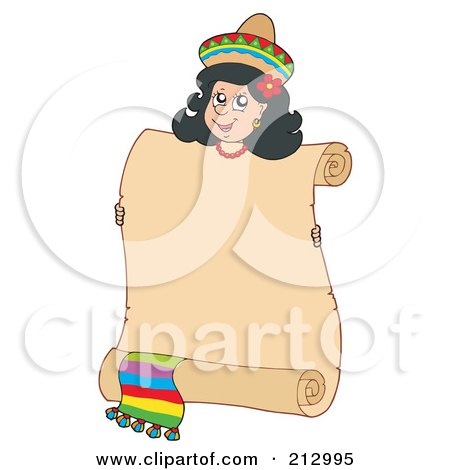 Royalty-Free (RF) Clipart Illustration of a Mexican Woman Peeking Over A Blank Scroll Sign by visekart