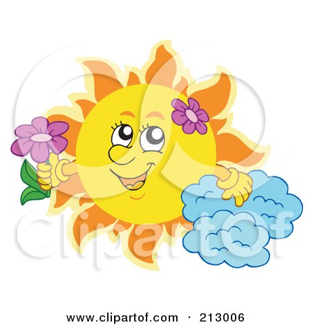 Royalty-Free (RF) Clipart Illustration of a Summer Time Sun With A Cloud And Flowers by visekart