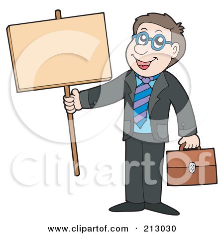 Royalty-Free (RF) Clipart Illustration of a Happy Businessman Holding A Blank Sign by visekart