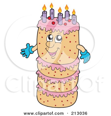 Royalty-Free (RF) Clipart Illustration of a Happy Layered Birthday Cake Character With Purple Candles by visekart