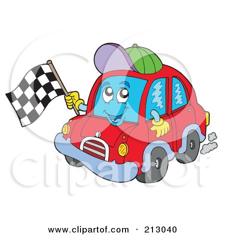 Royalty-Free (RF) Clipart Illustration of a Red Car Character Waving A Checkered Flag by visekart