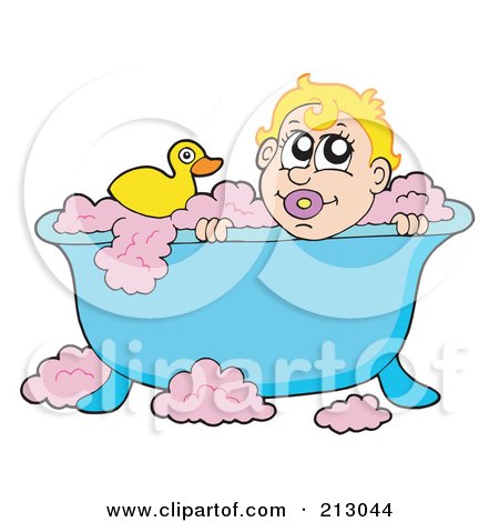 Royalty-Free (RF) Clipart Illustration of a Baby Boy With A Rubber Duck In A Bubble Bath by visekart
