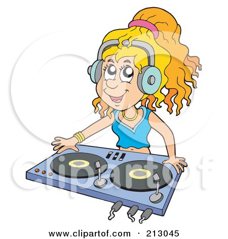 Royalty-Free (RF) Clipart Illustration of a Female Dj Wearing Headphones And Mixing Records by visekart