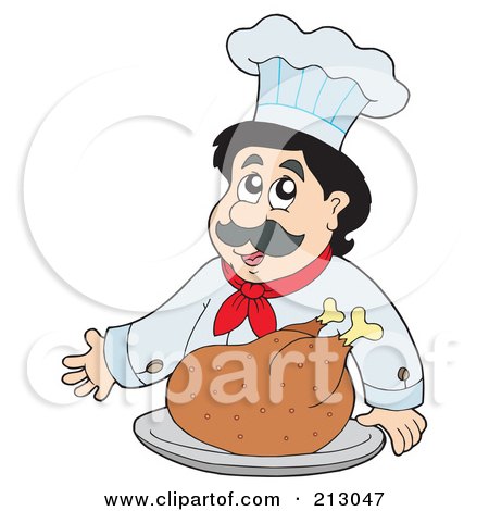 Royalty-Free (RF) Clipart Illustration of a Friendly Chef With A Roasted Turkey by visekart