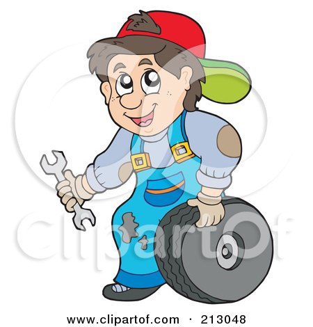Royalty-Free (RF) Clipart Illustration of a Friendly Mechanic Man Changing A Tire by visekart