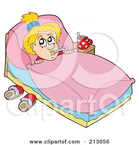 Royalty-Free (RF) Clipart Illustration of a Sick Girl Taking Her Temperature In Bed by visekart