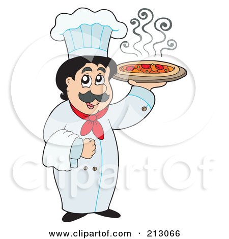 Royalty-Free (RF) Clipart Illustration of a Friendly Chef Holding A Pizza by visekart