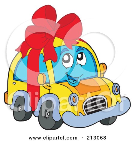 Royalty-Free (RF) Clipart Illustration of a Yellow Car Character Wrapped In A Red Bow by visekart
