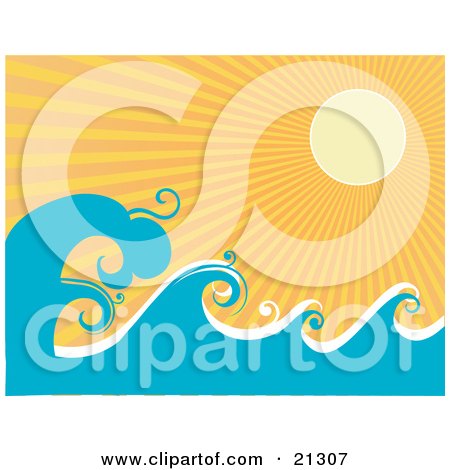 Clipart Illustration of The Sun Shining Brightly Over Rolling Waves In The Ocean, Sunrays Beaming Out In The Sky by OnFocusMedia