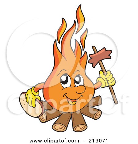 Royalty-Free (RF) Clipart Illustration of a Happy Flame Holding A Stick And Sausage by visekart