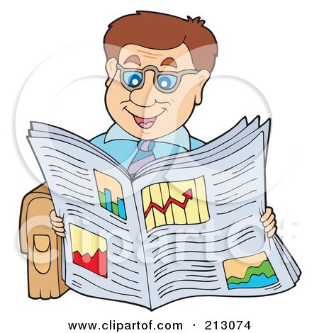Royalty-Free (RF) Clipart Illustration of a Happy Businessman Reading A Newspaper by visekart