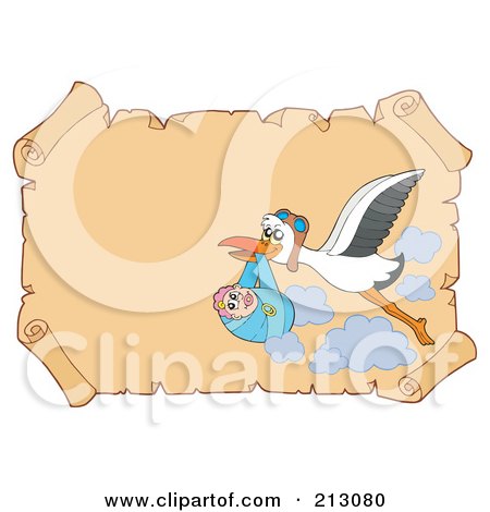 Royalty-Free (RF) Clipart Illustration of a Stork Carrying A Baby Over Old Parchment Paper by visekart
