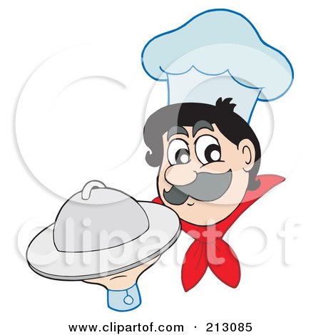 Royalty-Free (RF) Clipart Illustration of a Friendly Chef Serving A Platter Of Food by visekart
