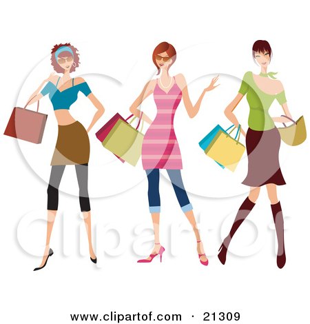Clipart Illustration of Three Young Sassy Caucasian Women Wearing Fashionable Clothes, Carrying Shopping Bags And Purses And Shopping At The Mall by OnFocusMedia