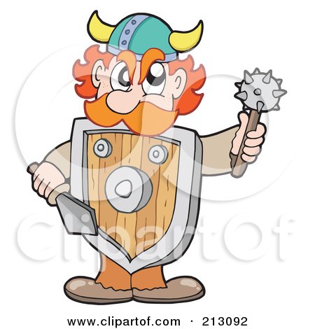 Royalty-Free (RF) Clipart Illustration of a Mad Viking Wearing A Shield And Holding Weapons by visekart