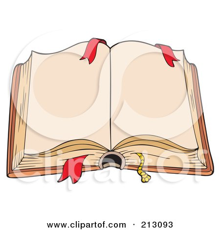 Royalty-Free (RF) Clipart Illustration of an Open Book With Aged Pages And Red Ribbons by visekart