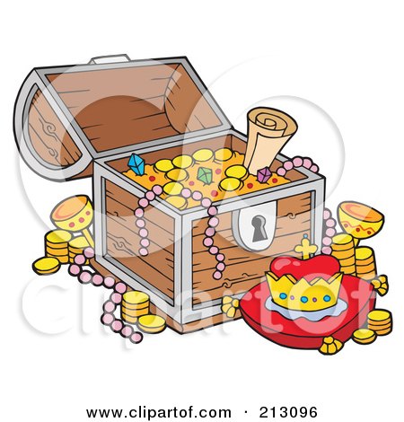 Royalty-Free (RF) Clipart Illustration of a Treasure Chest With Golden Coins, Pearls And A Crown by visekart