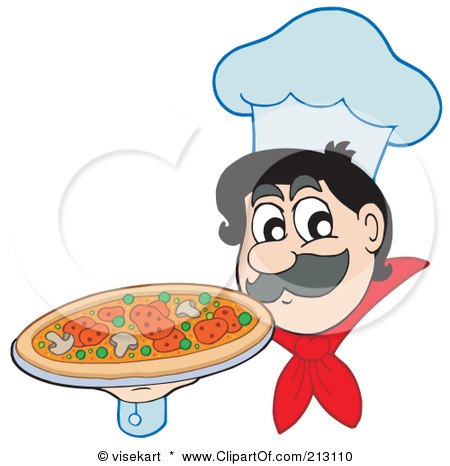 Royalty-Free (RF) Clipart Illustration of a Friendly Chef Holding A Supreme Pizza by visekart