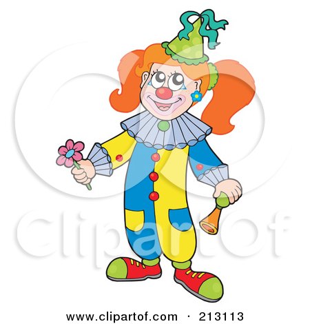 Royalty-Free (RF) Clipart Illustration of a Female Clown Girl Holding A Flower by visekart