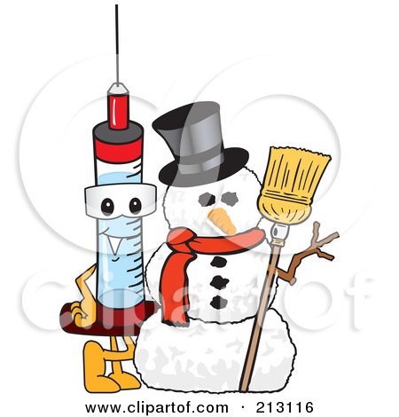 Royalty-Free (RF) Clipart Illustration of a Medical Syringe Mascot Character By A Snowman by Mascot Junction
