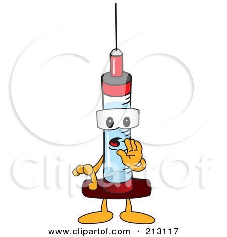 Royalty-Free (RF) Clipart Illustration of a Medical Syringe Mascot Character Whispering by Mascot Junction