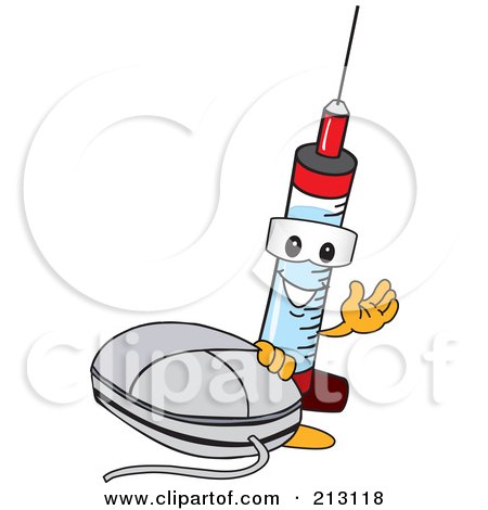 Royalty-Free (RF) Clipart Illustration of a Medical Syringe Mascot Character By A Computer Mouse by Mascot Junction