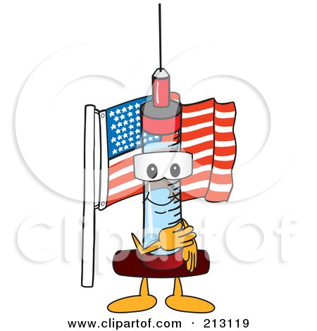 Royalty-Free (RF) Clipart Illustration of a Medical Syringe Mascot Character Pledging Allegiance To The American Flag by Mascot Junction