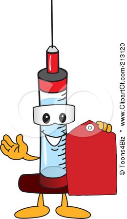 Royalty-Free (RF) Clipart Illustration of a Medical Syringe Mascot Character Holding A Red Tag by Mascot Junction