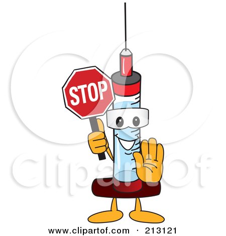 Royalty-Free (RF) Clipart Illustration of a Medical Syringe Mascot Character Holding A Stop Sign by Mascot Junction