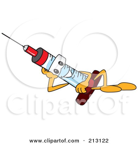 Royalty-Free (RF) Clipart Illustration of a Medical Syringe Mascot Character Reclining by Mascot Junction