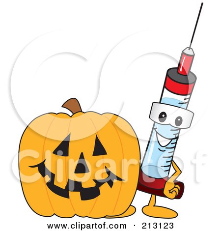 Royalty-Free (RF) Clipart Illustration of a Medical Syringe Mascot Character By A Halloween Pumpkin by Mascot Junction
