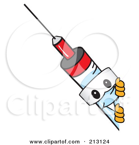 Royalty-Free (RF) Clipart Illustration of a Medical Syringe Mascot Character Looking Around A Blank Sign by Mascot Junction
