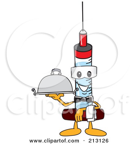 Royalty-Free (RF) Clipart Illustration of a Medical Syringe Mascot Character Serving A Platter by Mascot Junction