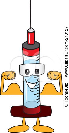 Royalty-Free (RF) Clipart Illustration of a Medical Syringe Mascot Character Flexing His Muscles by Mascot Junction