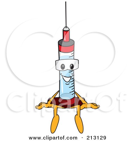Royalty-Free (RF) Clipart Illustration of a Medical Syringe Mascot Character Sitting On A Ledge by Mascot Junction