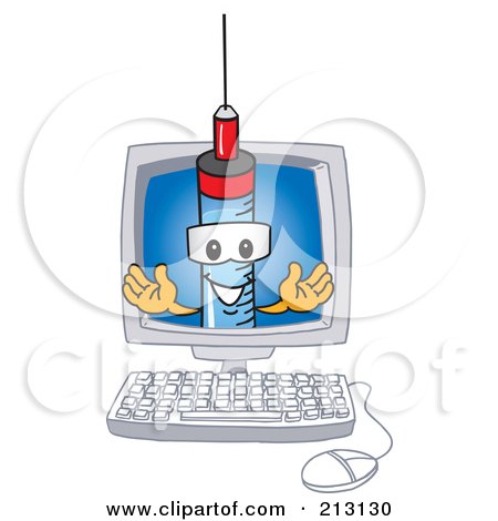 Royalty-Free (RF) Clipart Illustration of a Medical Syringe Mascot Character In A Computer Screen by Mascot Junction