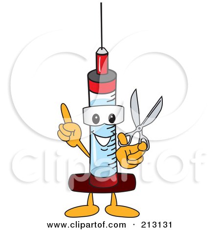 Royalty-Free (RF) Clipart Illustration of a Medical Syringe Mascot Character Holding Scissors by Mascot Junction