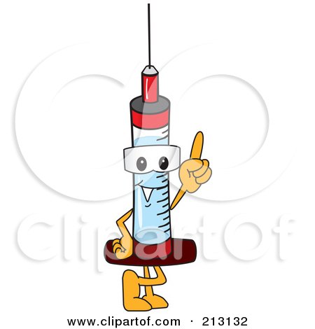 Royalty-Free (RF) Clipart Illustration of a Medical Syringe Mascot Character Pointing Up by Mascot Junction