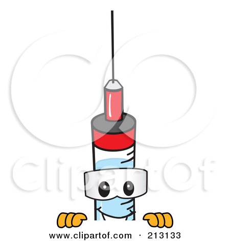 Royalty-Free (RF) Clipart Illustration of a Medical Syringe Mascot Character Looking Over A Blank Sign by Mascot Junction