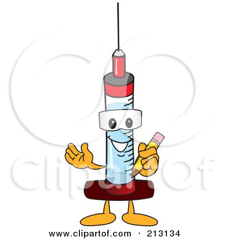 Royalty-Free (RF) Clipart Illustration of a Medical Syringe Mascot Character Holding A Pencil by Mascot Junction