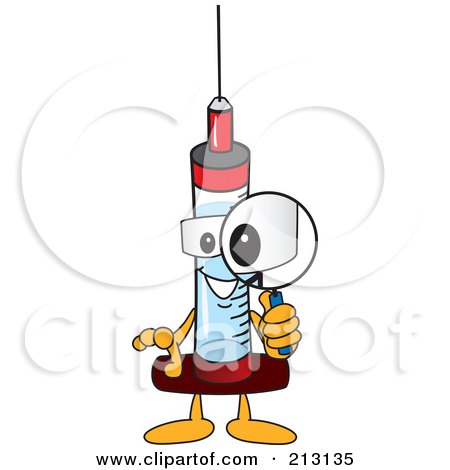 Royalty-Free (RF) Clipart Illustration of a Medical Syringe Mascot Character Using A Magnifying Glass by Mascot Junction