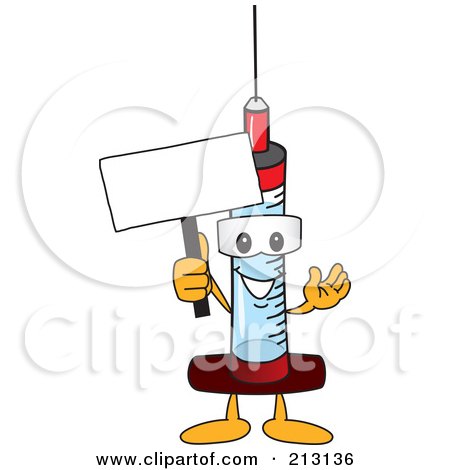 Royalty-Free (RF) Clipart Illustration of a Medical Syringe Mascot Character Holding A Blank Sign by Mascot Junction