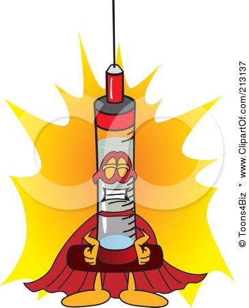 Royalty-Free (RF) Clipart Illustration of a Medical Syringe Mascot Character Super Hero by Mascot Junction