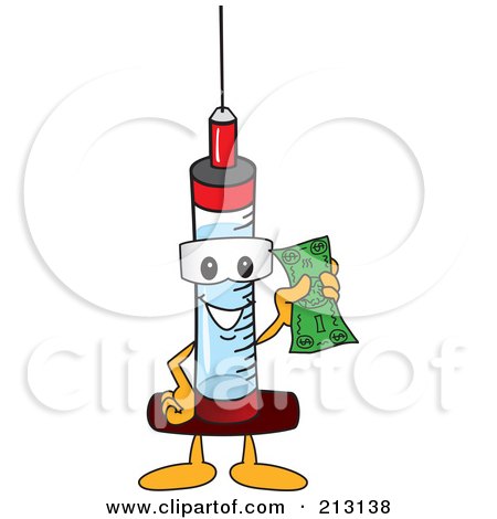 Royalty-Free (RF) Clipart Illustration of a Medical Syringe Mascot Character Holding A Dollar by Mascot Junction